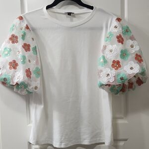 OnTwelfth White Blouse with Coral and Mint Green Embellished Puff Sleeves - Lrg